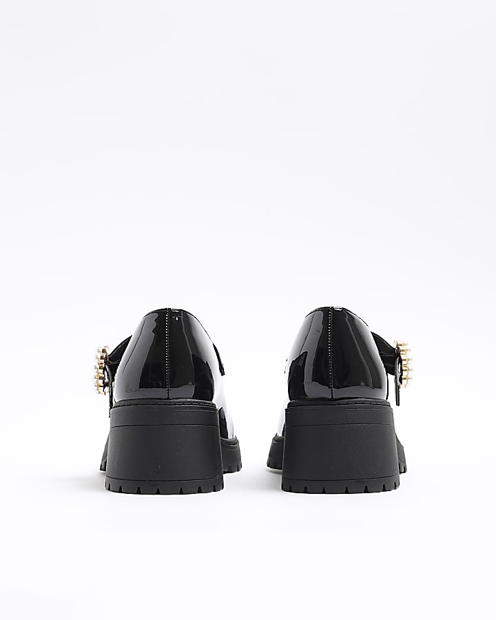 Girls black patent pearl buckle heel shoes