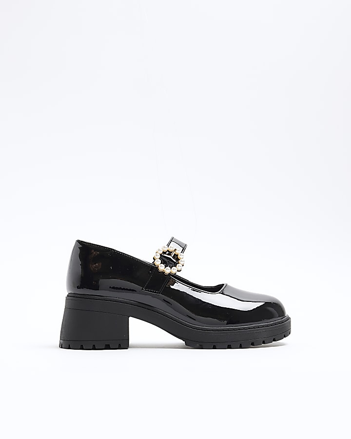 Girls black patent pearl buckle heel shoes River Island