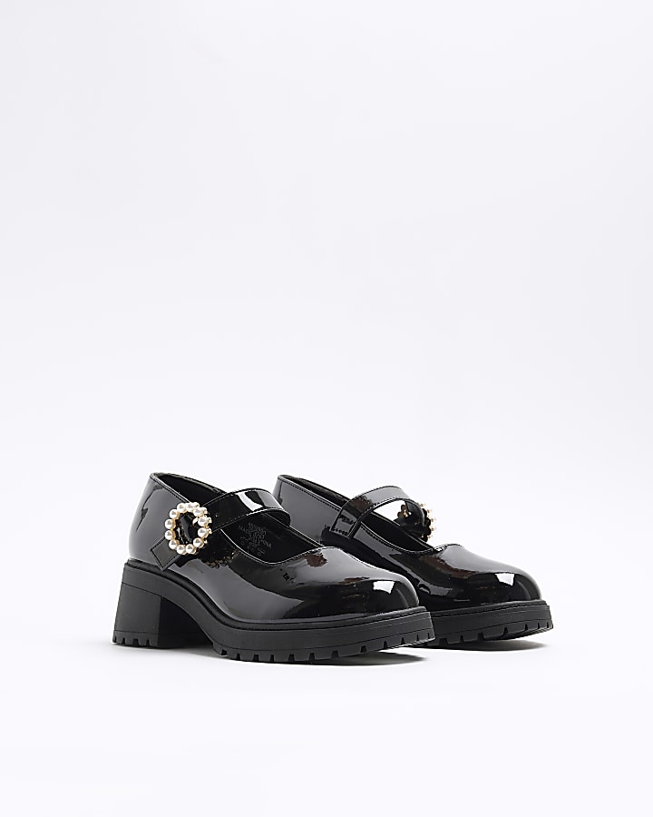 Girls black patent pearl buckle heel shoes