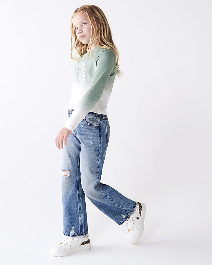Girls blue straight ripped jeans