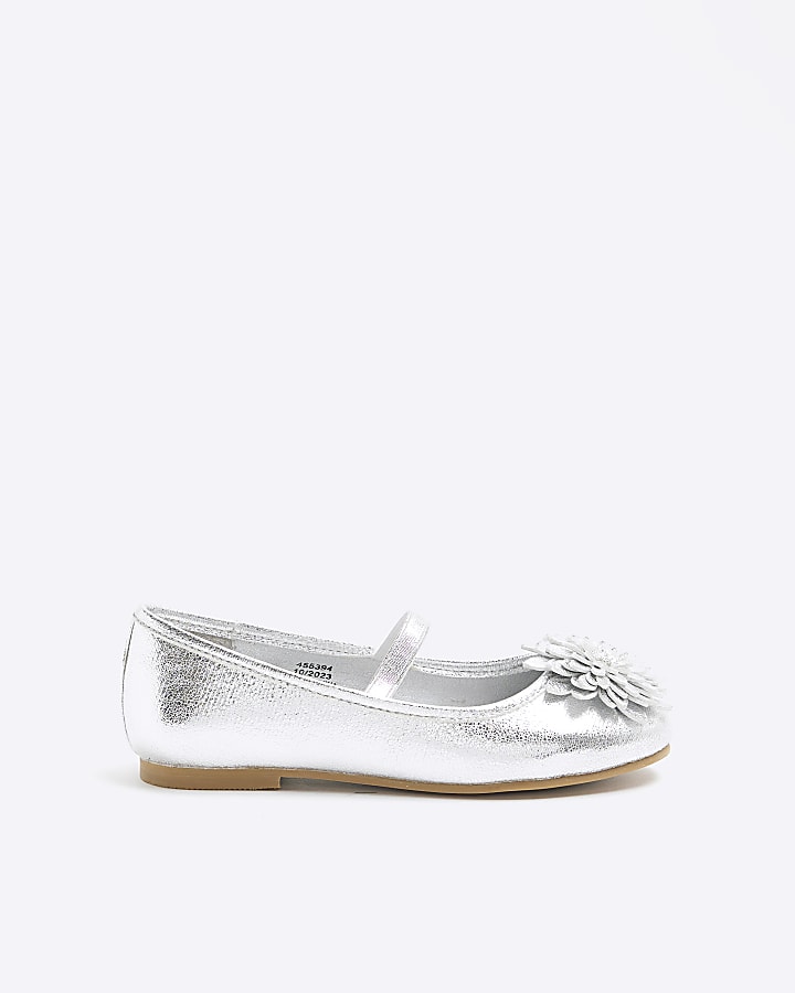 Girls silver floral ballet pumps River Island