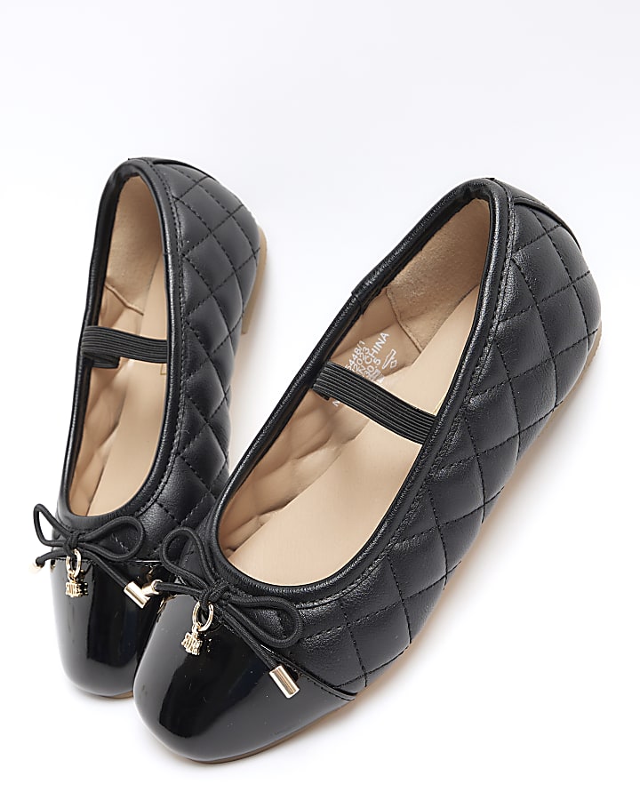 Girls black quilted bow ballet pumps