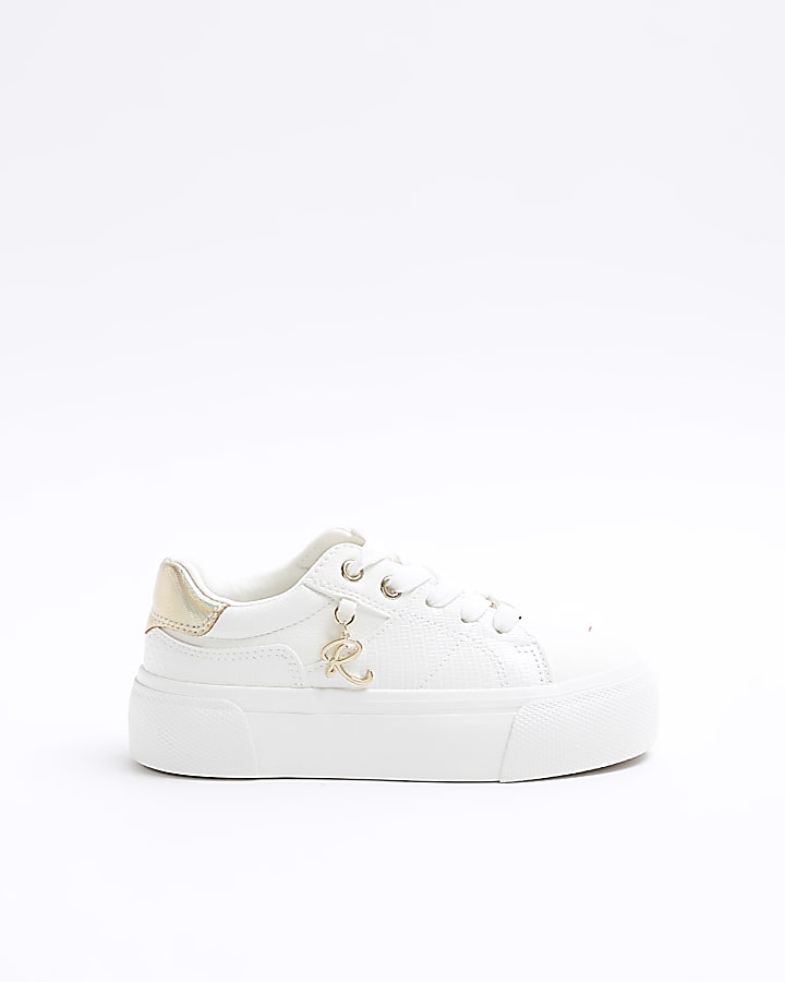 Girls white charm lace up trainers