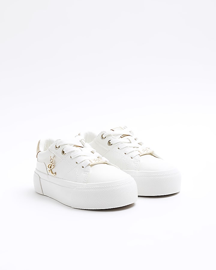 Girls white charm lace up trainers