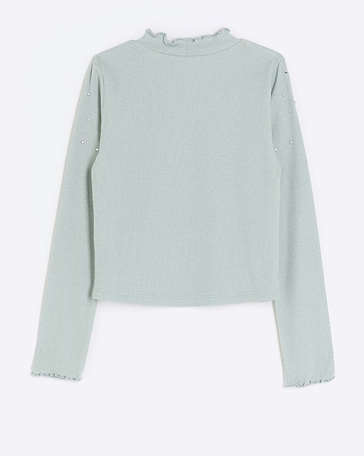 Girls green rib embellished long sleeve top