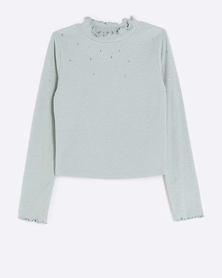 Girls green rib embellished long sleeve top