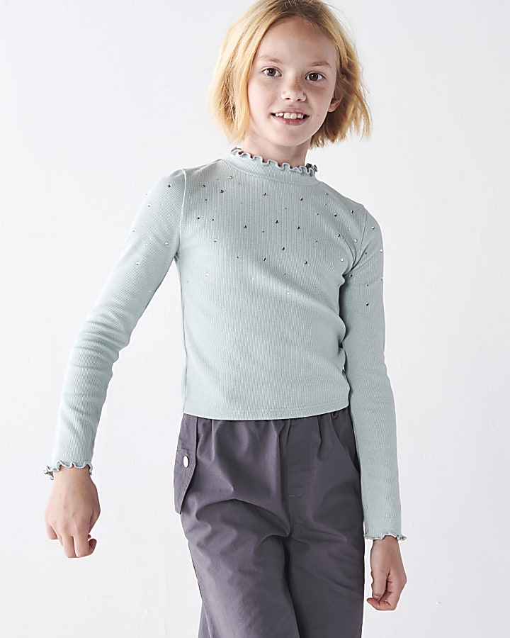 Girls green rib embellished long sleeve top