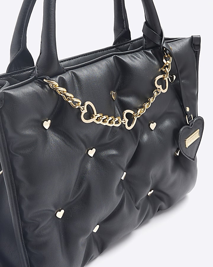 Girls black heart stud shopper bag