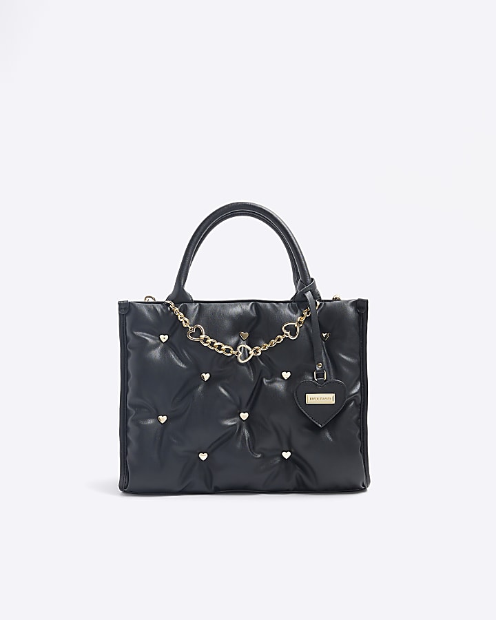 Girls black heart stud shopper bag River Island