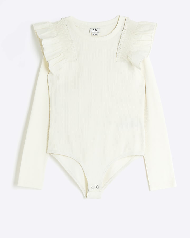 Girls cream rib frill bodysuit