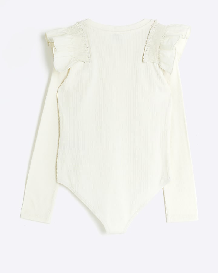 Girls cream rib frill bodysuit