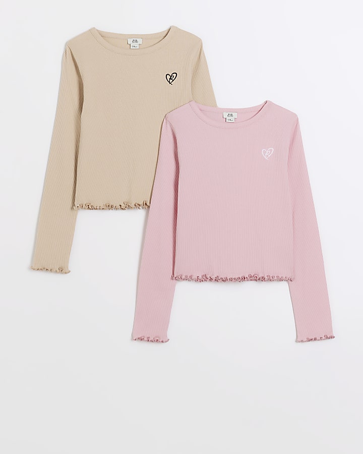 Girls pink lettuce hem long sleeve top 2 pack