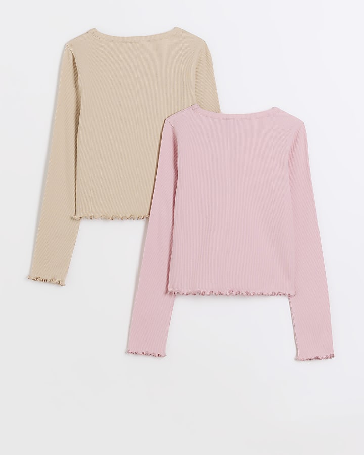 Girls pink lettuce hem long sleeve top 2 pack