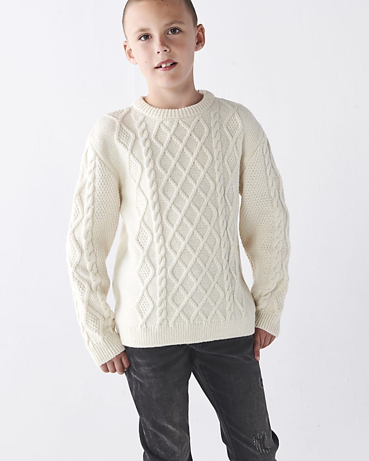 Boys Cream Wool Blend Cable Knit Jumper River Island