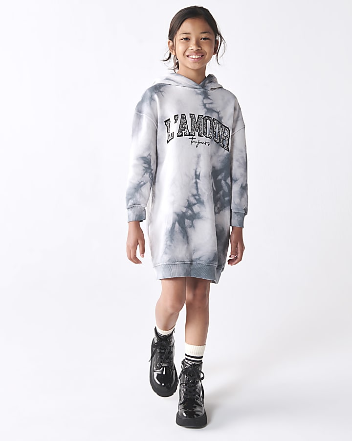 Girls grey tie dye hooded sweater dress River Island