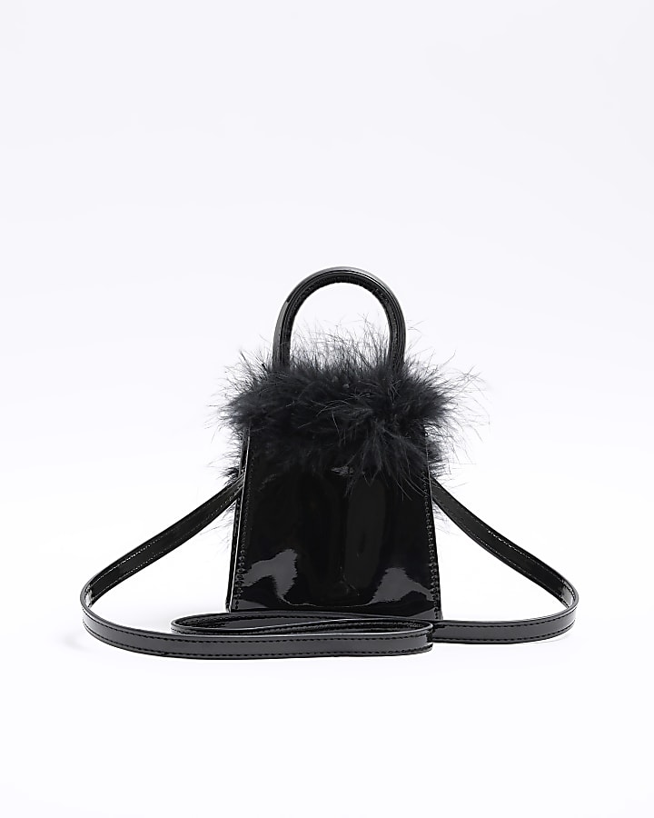 Girls black patent feather cross body bag