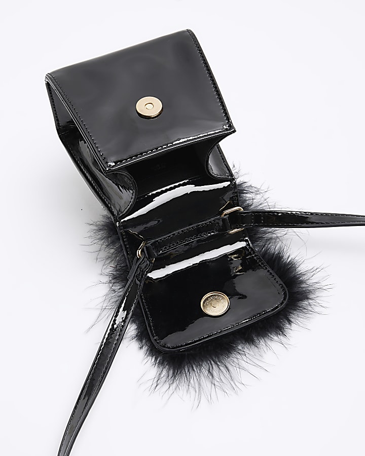 Girls black patent feather cross body bag