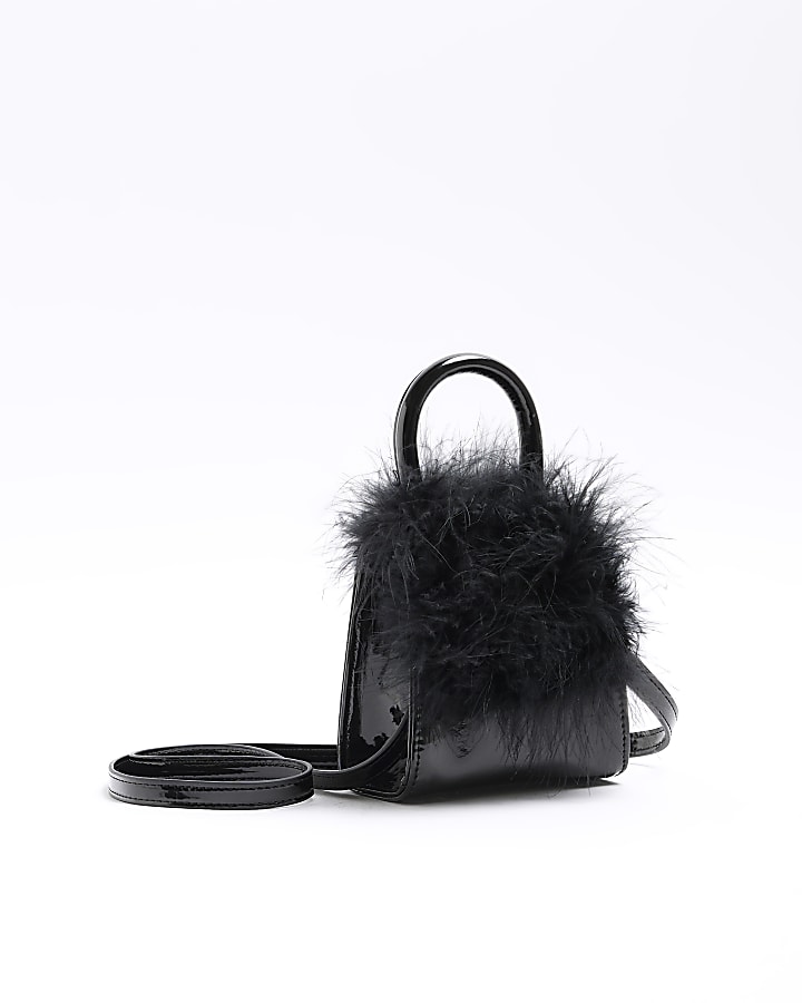 Girls black patent feather cross body bag