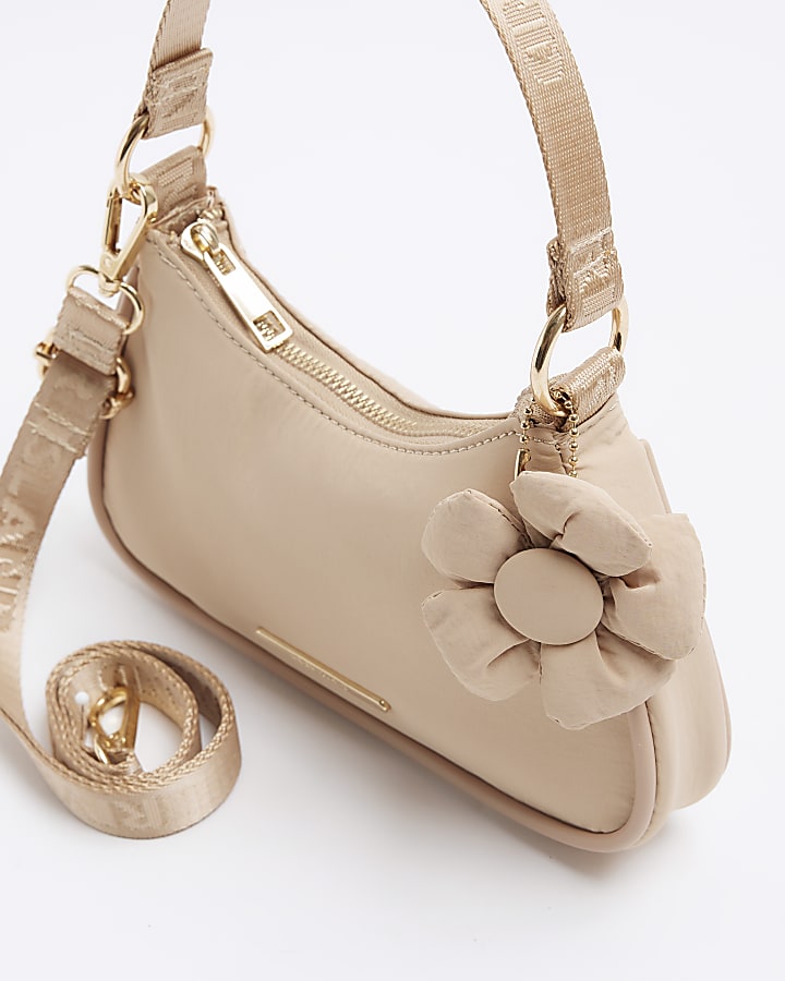 Girls Beige Flower Shoulder Scoop Bag