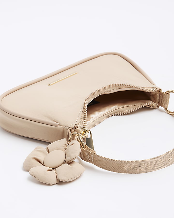 Girls Beige Flower Shoulder Scoop Bag