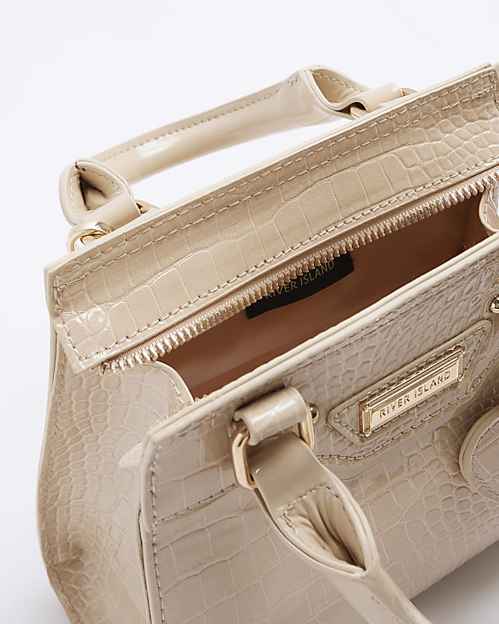 Girls beige croc embossed tote bag