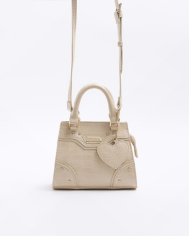 Girls beige croc embossed tote bag