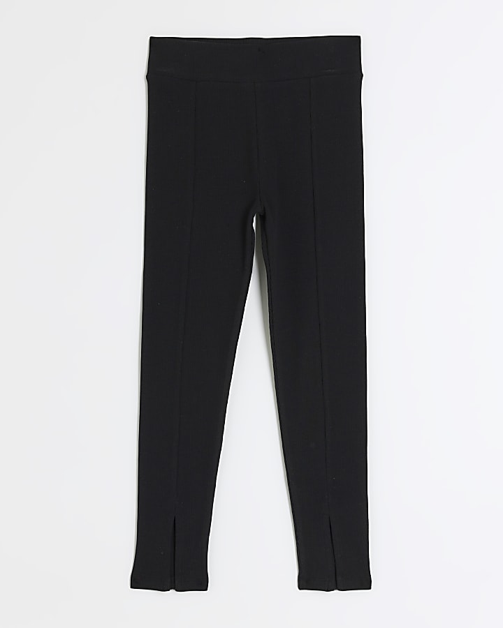 Girls black rib split hem leggings