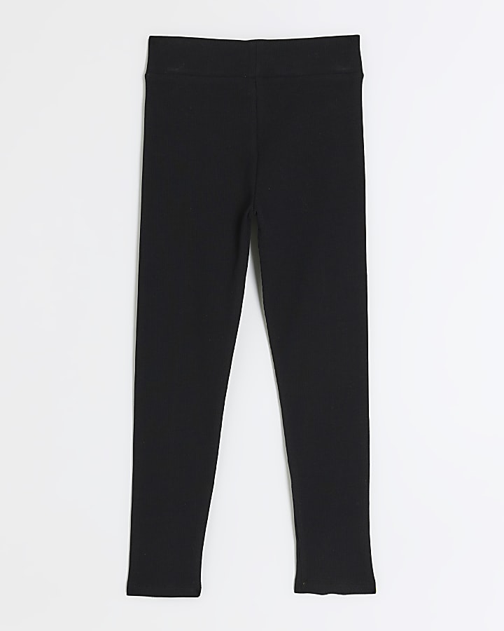 Girls black rib split hem leggings