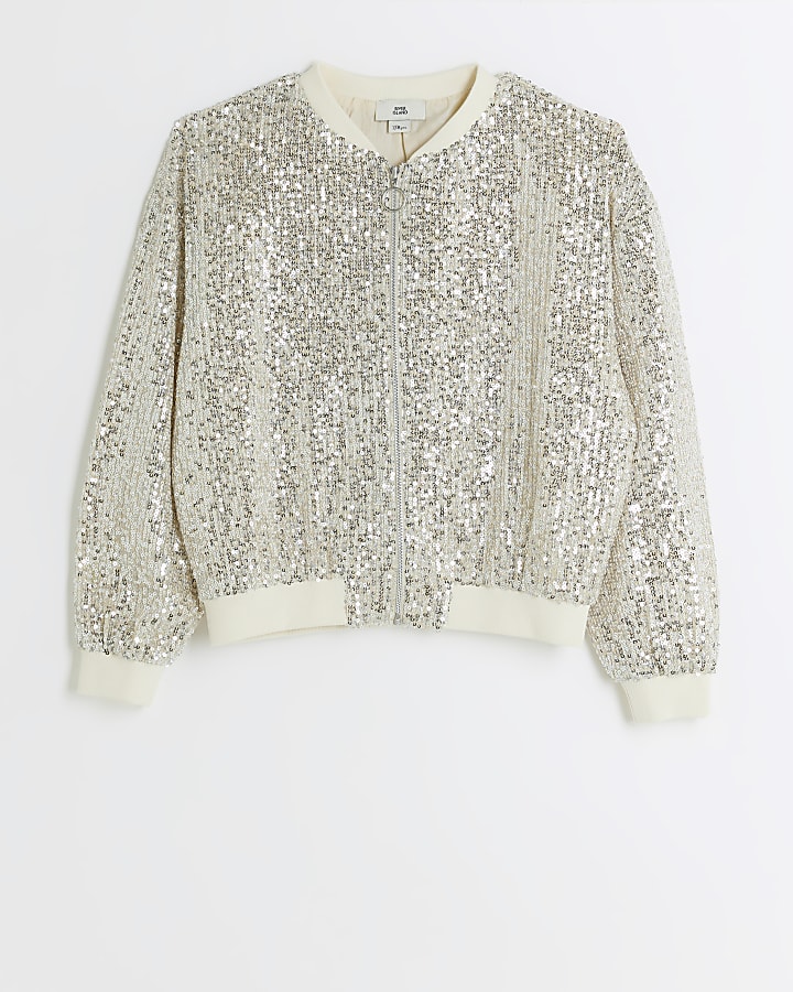 Girls silver sequin bomber jacket River Island