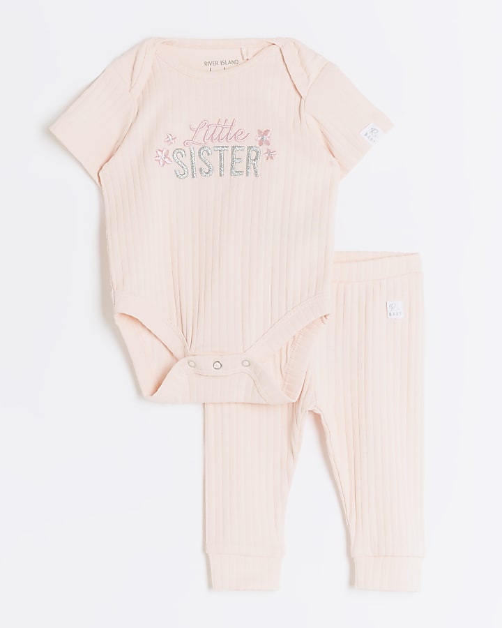 Baby girls pink ribbed little sister set River Island