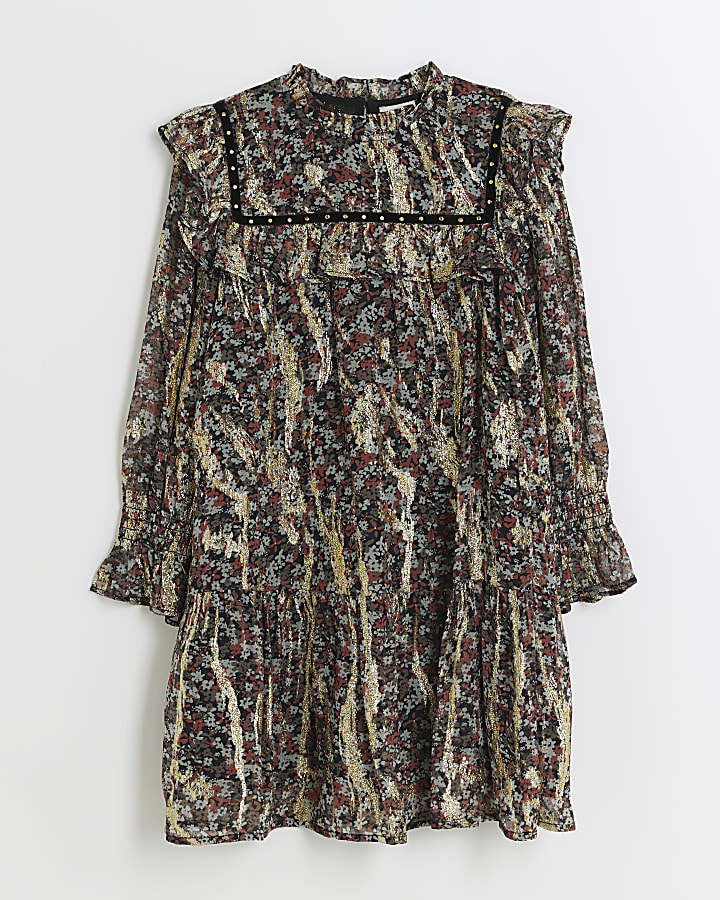 Girls black floral stud smock dress