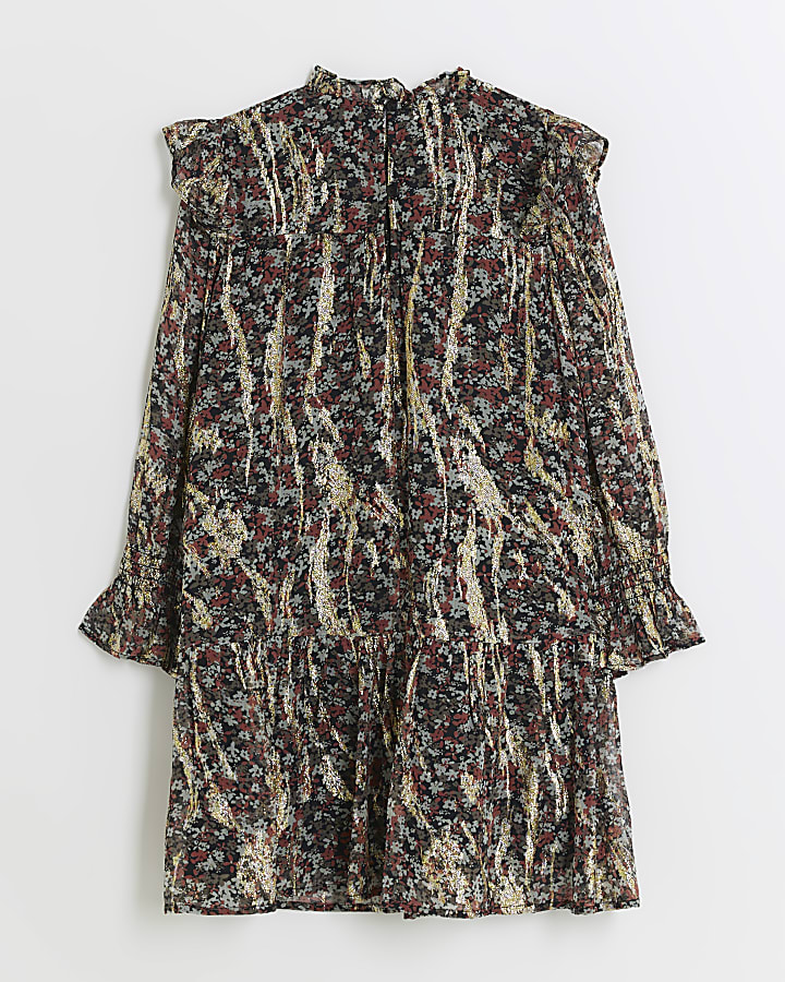 Girls black floral stud smock dress