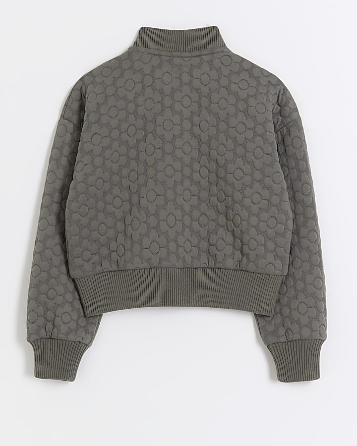 Girls grey floral quilted bomber jacket