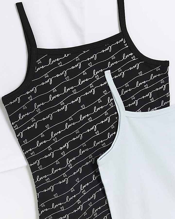 Girls black foil script vest 3 pack