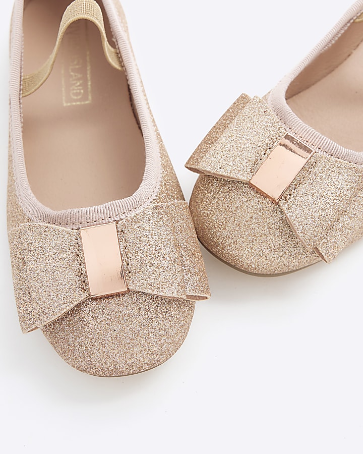 Girls rose gold glitter bow ballet pumps
