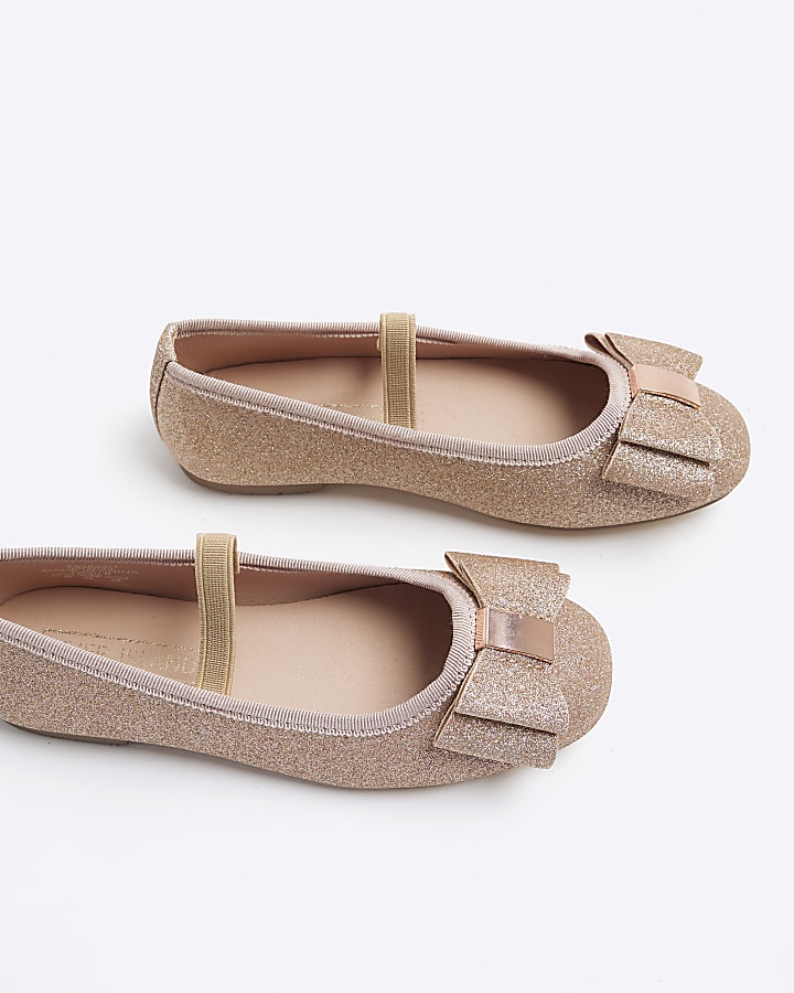 Girls rose gold glitter bow ballet pumps