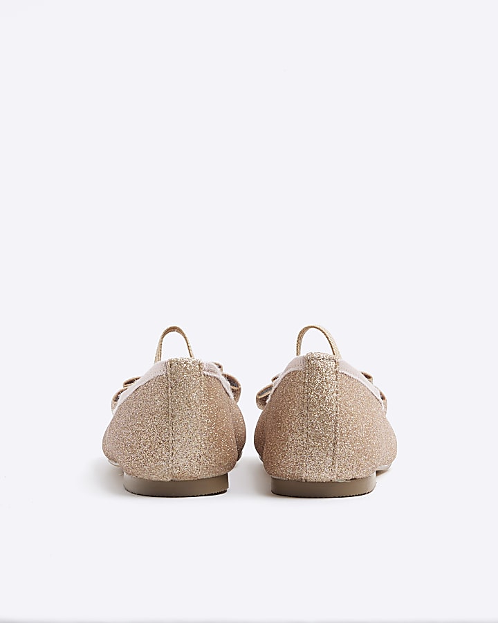 Girls rose gold glitter bow ballet pumps