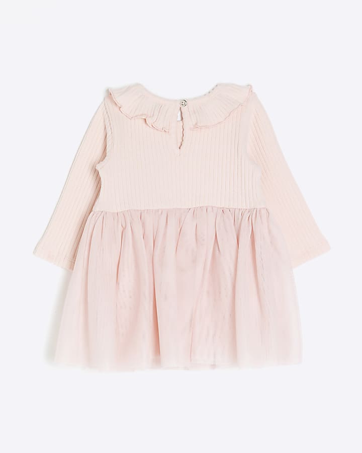 Baby girls pink long sleeve mesh bow dress