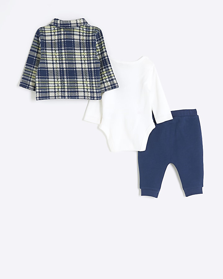 Baby boys navy check shacket 3 piece set