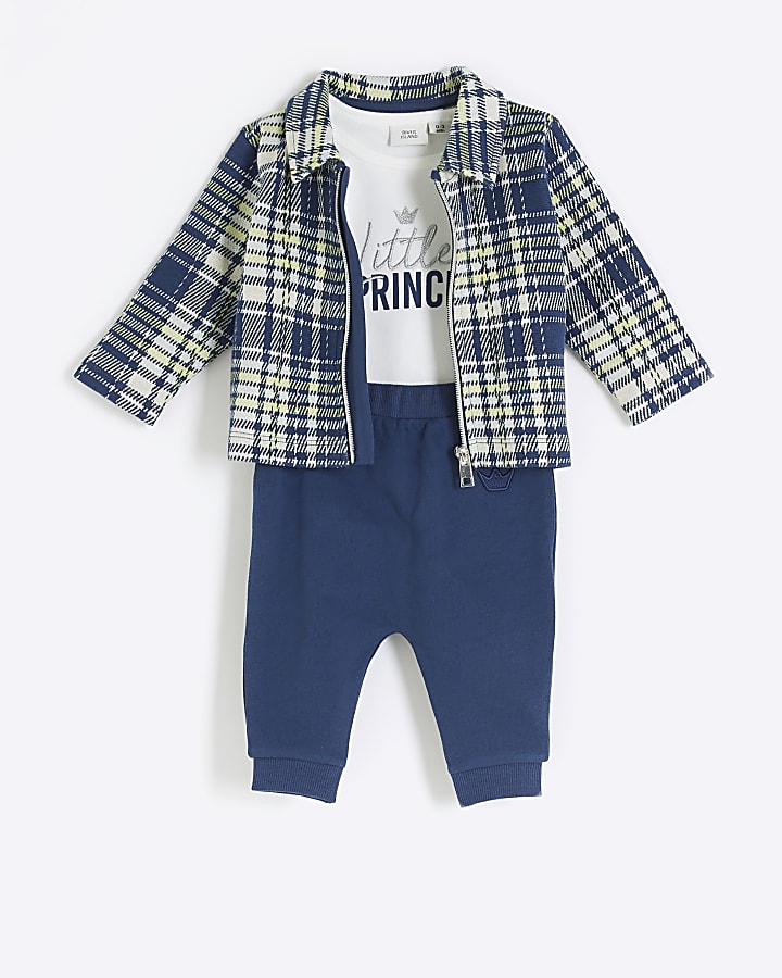 Baby boys navy check shacket 3 piece set