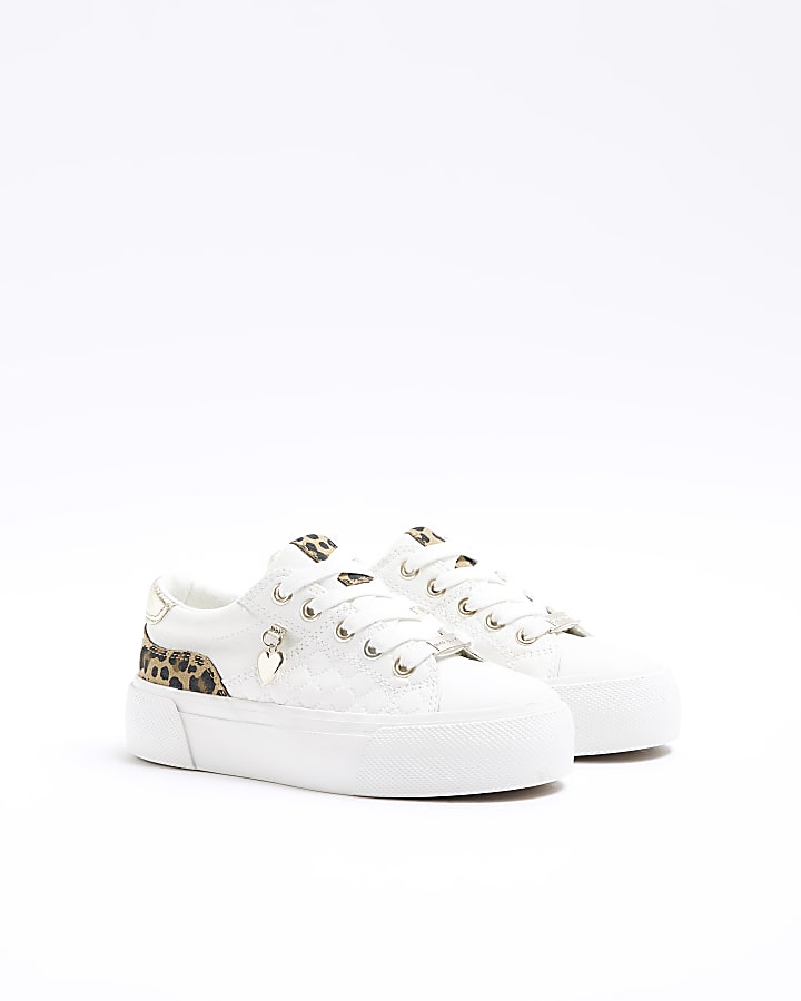 Girls white leopard print trainers