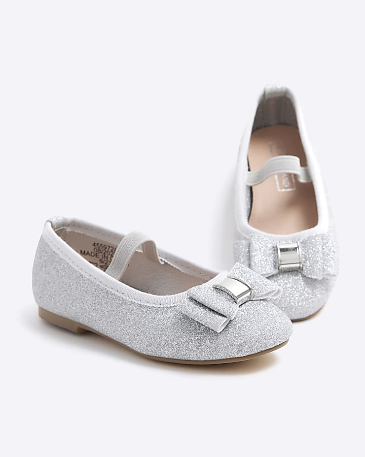 Mini girls silver glitter bow ballet pumps