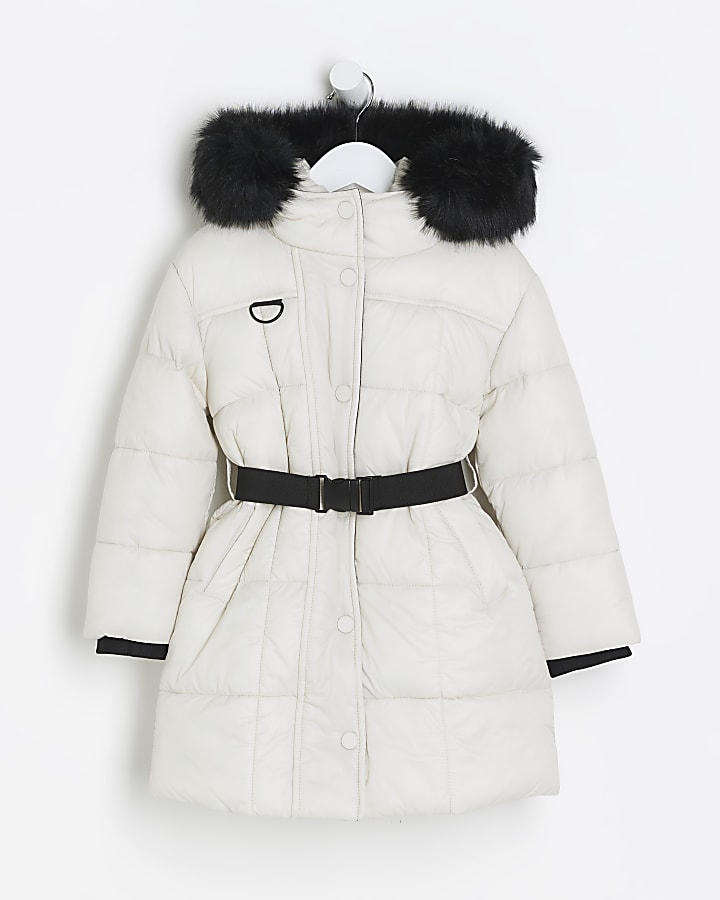 Mini girls cream faux fur hood puffer coat