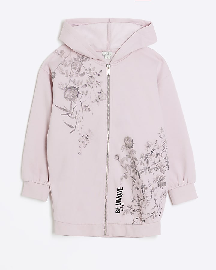 Girls pink floral zip up hoodie River Island