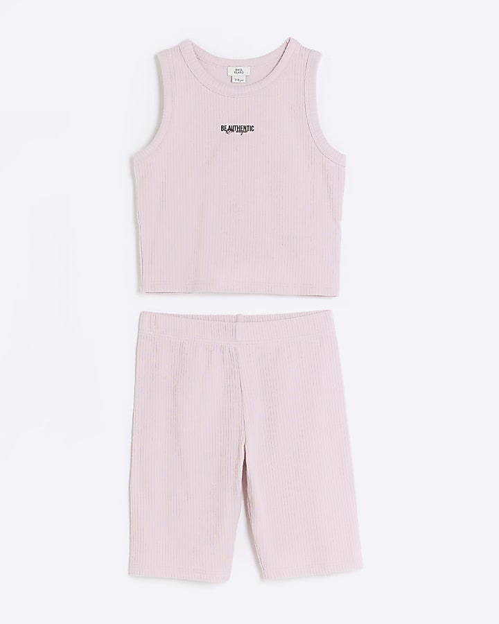 Girls pink rib tank top and shorts set