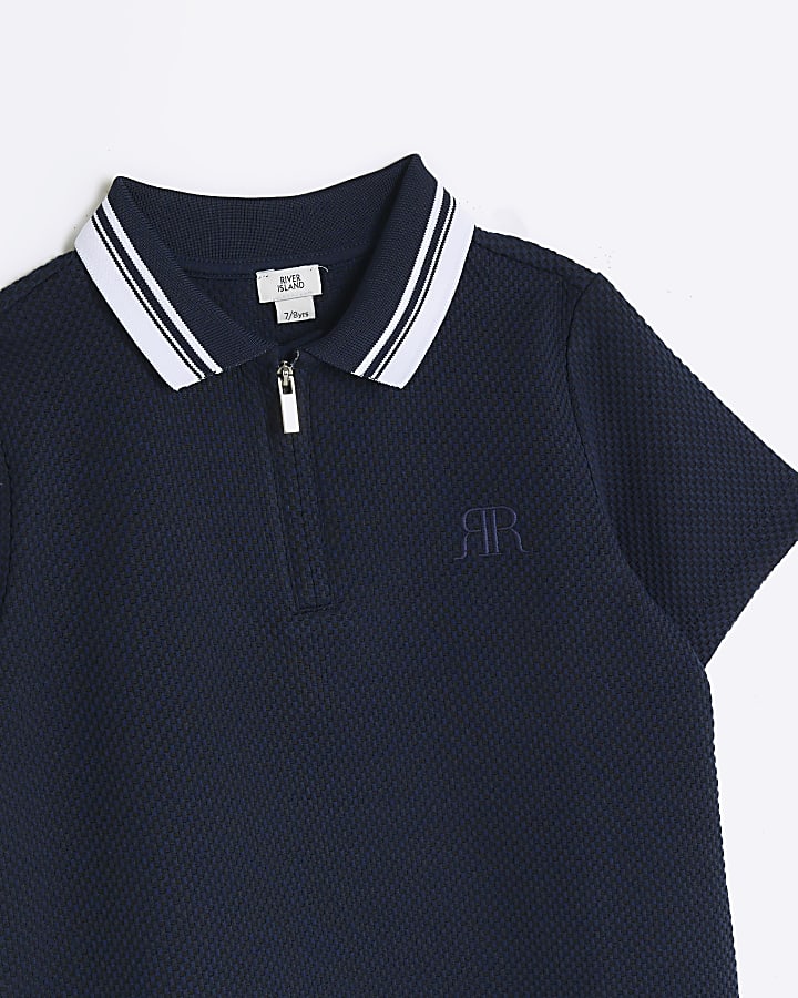 Boys navy textured tipped polo shirt