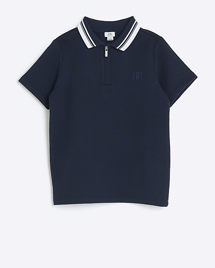 Boys navy textured tipped polo shirt