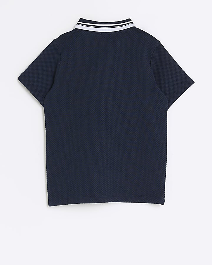 Boys navy textured tipped polo shirt