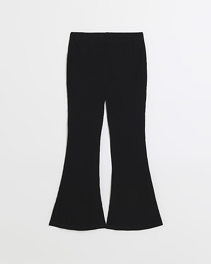 Girls black rib flared trousers