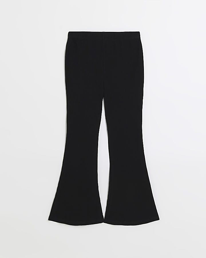 Girls black rib flared trousers